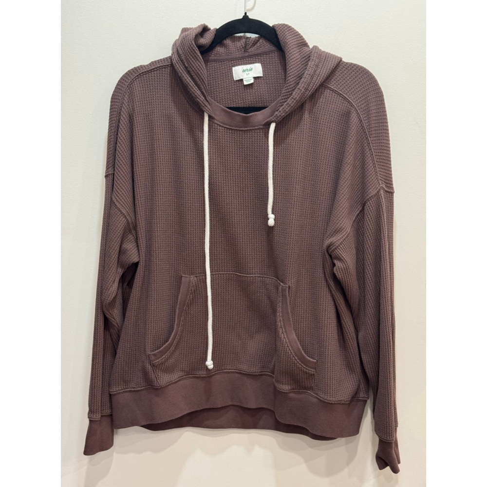 Aerie Brown Waffle Knit Hoodie Small Oversized Relaxed Loungewear